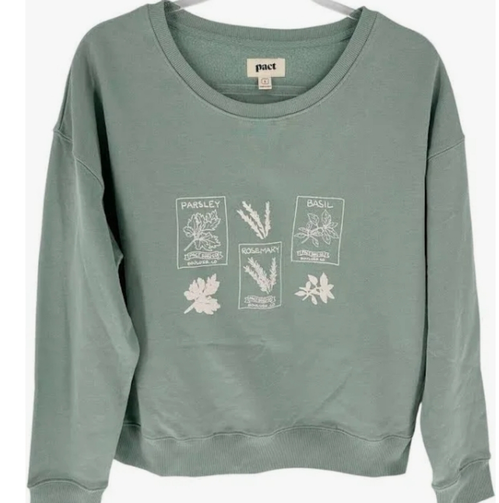 NWT Pact Slouchy Graphic Sweatshirt Mint Herb Garden Sz M